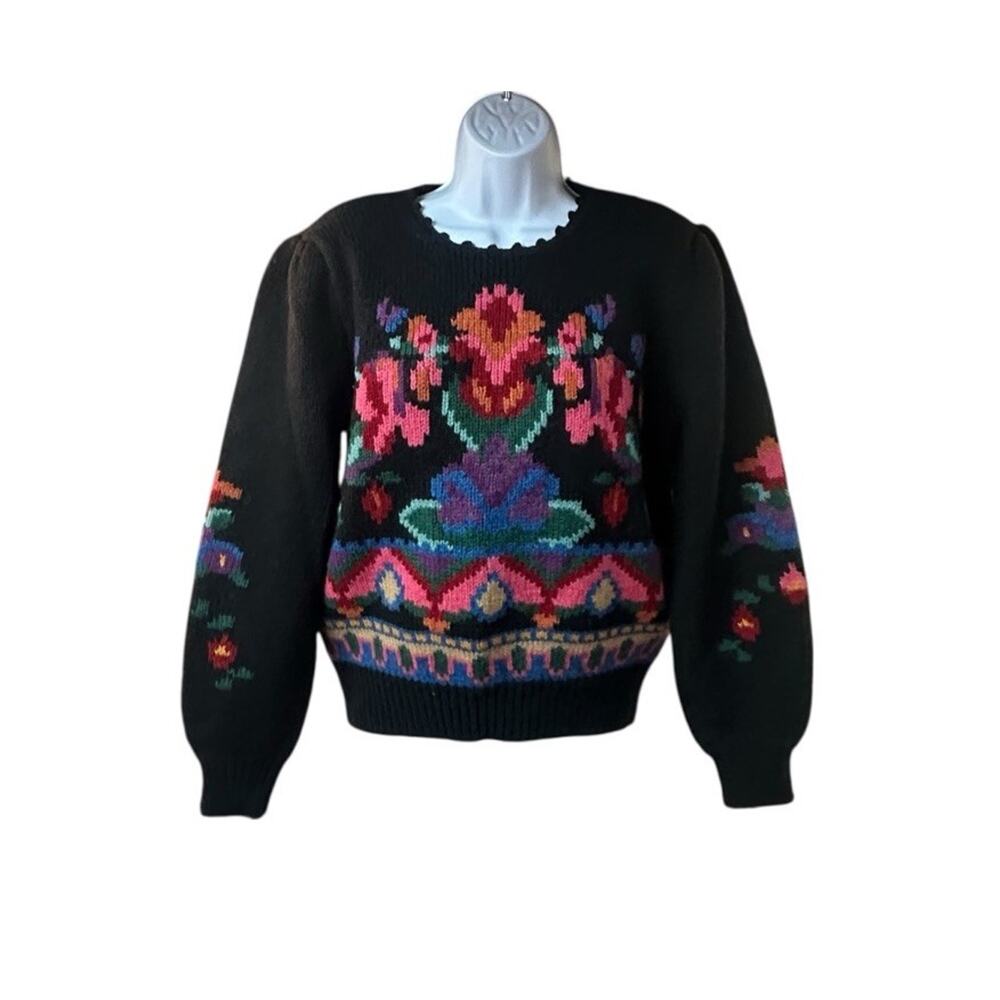 Susan Bristol Wool Floral Sweater Cottagecore Grandma Folk Knit Womens Sz 36